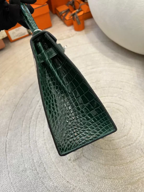 Full Handmade Hermes 67 Vert Fonce Kelly 25CM Sellier Shiny Alligator Crocodile Silver Hardware