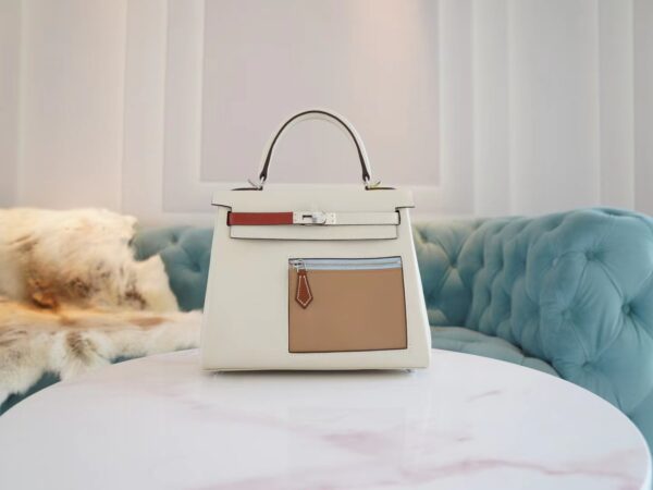 New GPCMode Factory Hermes Kelly25CM Colormatic Craie Swift Leather Silver Hardware