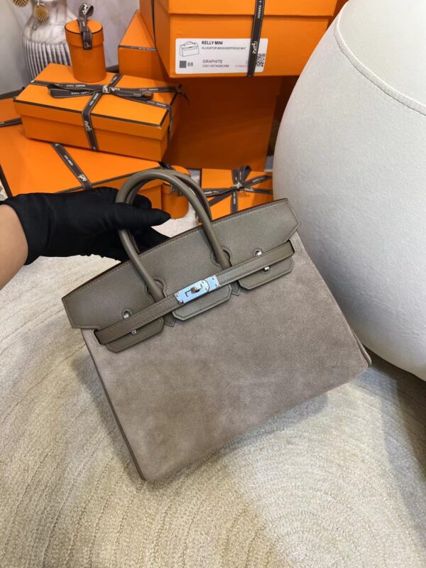 Taiwan Hermes Birkin 25CM Suede/ Swift 18 Etoupe Silver Hardware