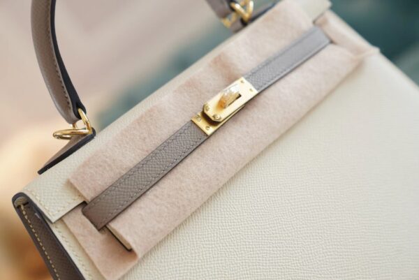 Hand Stitch Hermes Craie/Gris Asphalt Epsom Leather Kelly 25CM Tote Bag Gold Hardware