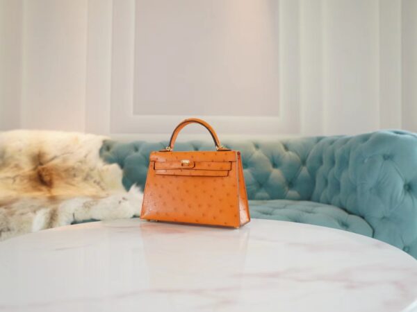 Full Handmade Hermes Mini Kelly19CM I9 Abricot KK Ostrich Leather Gold Hardware