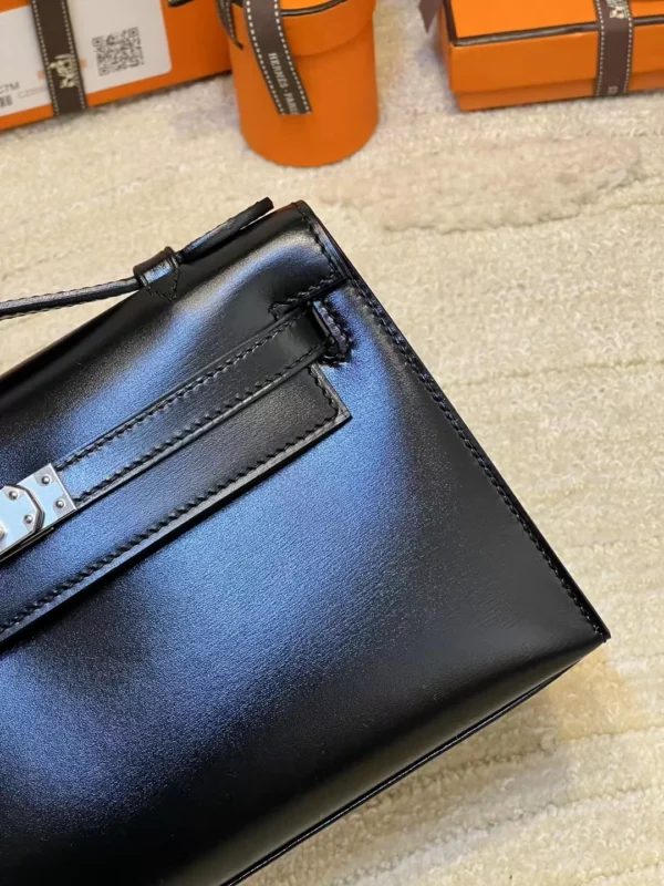 Hermes Box Leather Kelly Pochette 22cm 89 Noir Silver Hardware