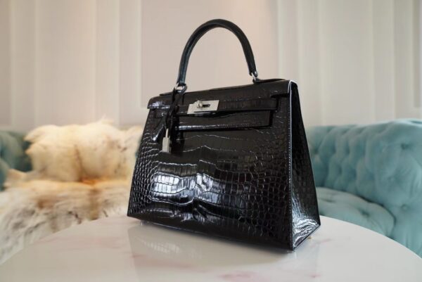 Handmade Hermes Kelly 28CM Shiny Porosus 89 Nior Silver Hardware