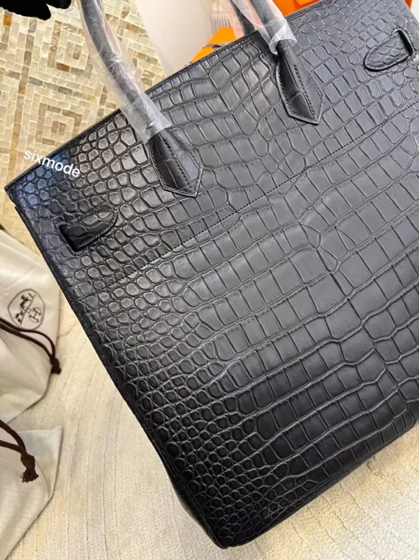 Hermes 89 Noir Matte Porosus Crocodile HAC 40CM Silver Hardware