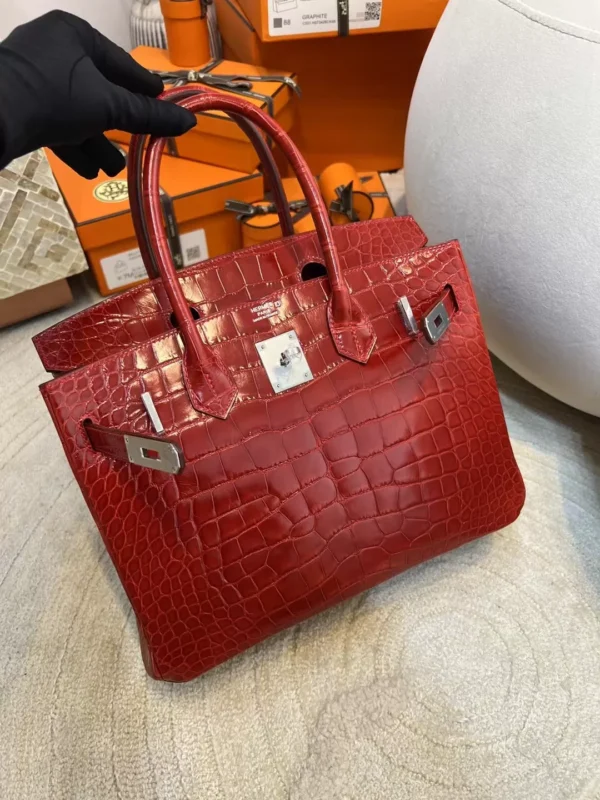 Hermes Shiny Alligator Crocodile Birkin 30CM 95 Braise Silver Hardware