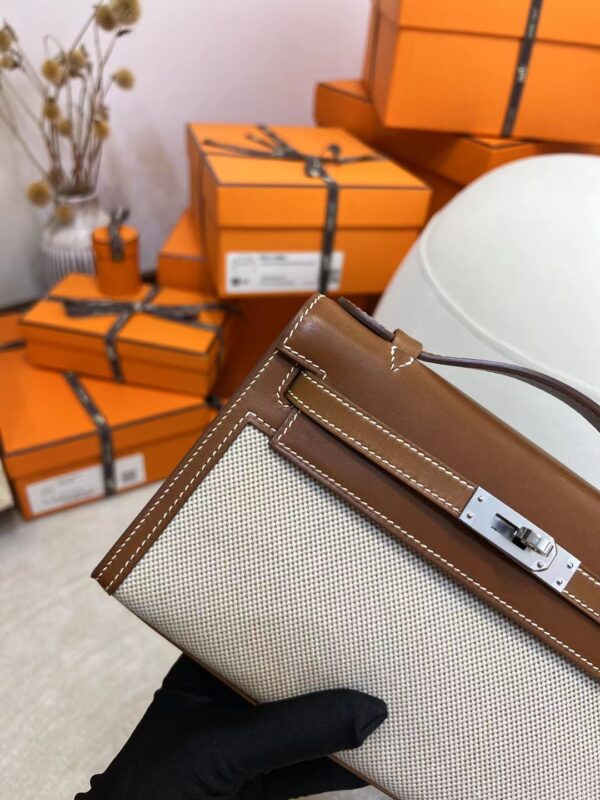 Hermes Kelly Pochette 22CM Barenia Fauve/ Canvas Beige Silver Hardware