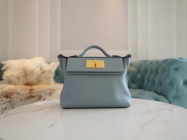 New Hermes Evercolor Mini Kelly 2424 Blue Lin / Gris Mouette Inner Gold Hardware