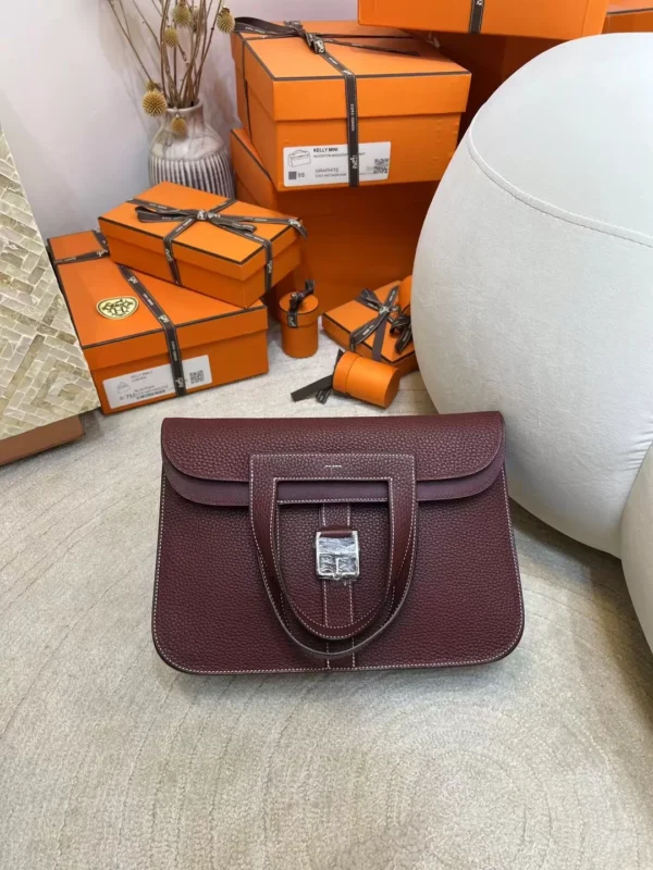 Full Handmade Clemence Leather Halzan 31CM CK55 Rouge H Silver Hardware