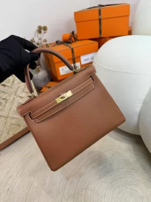 Full Handmade Kelly 25CM 37 Gold Swift Leather Gold Hardware