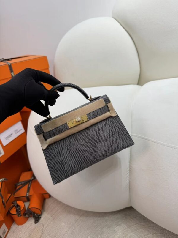 Vietnam Hermes 84 Gris Fonce Lizard Skin Mini Kelly 19CM Gold Hardware