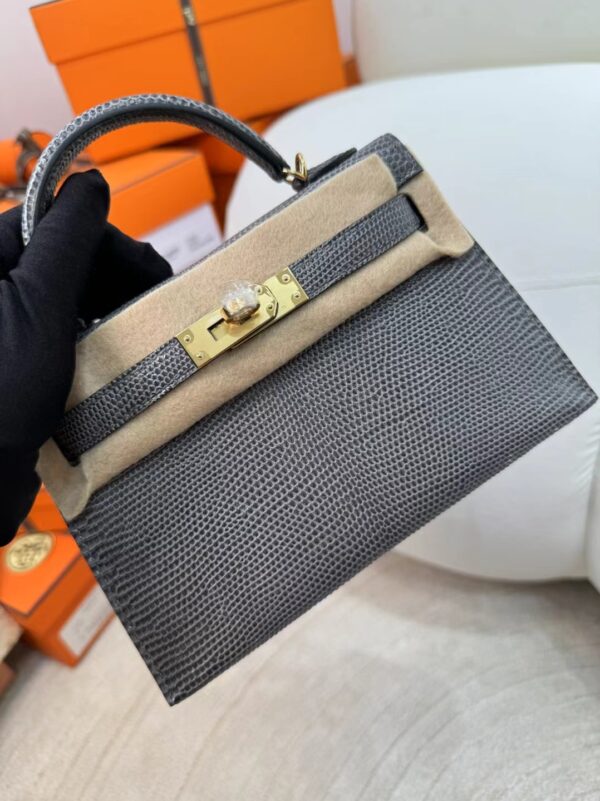 Vietnam Hermes 84 Gris Fonce Lizard Skin Mini Kelly 19CM Gold Hardware
