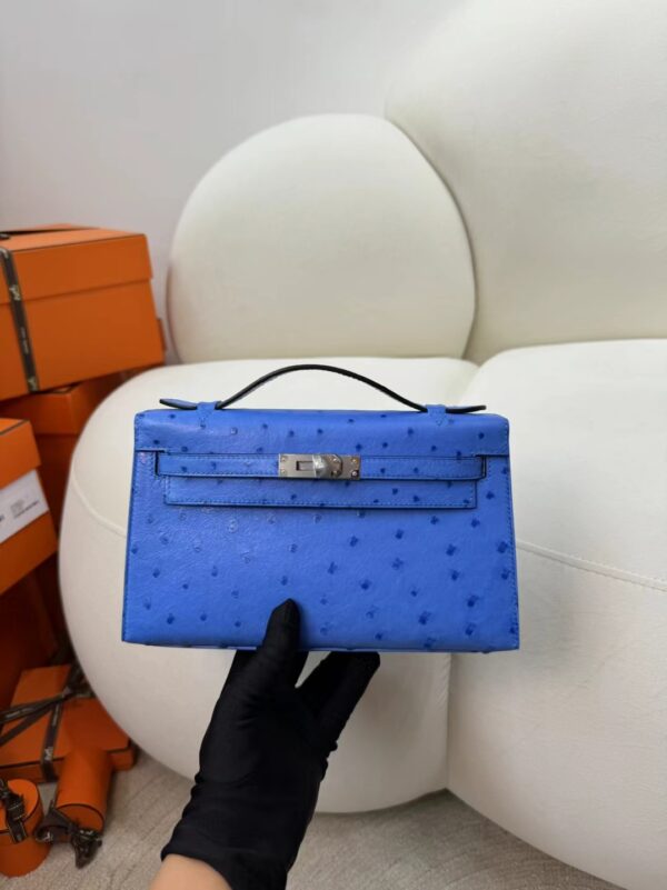 Hermes KK Ostrich Skin Kelly Pochette 22cm O7 Bleuet Silver Hardware