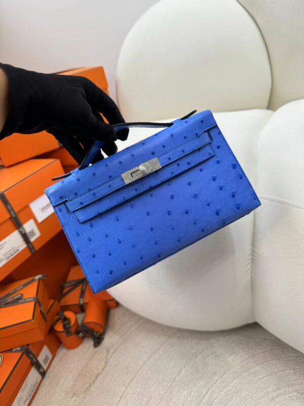 Hermes KK Ostrich Skin Kelly Pochette 22cm O7 Bleuet Silver Hardware