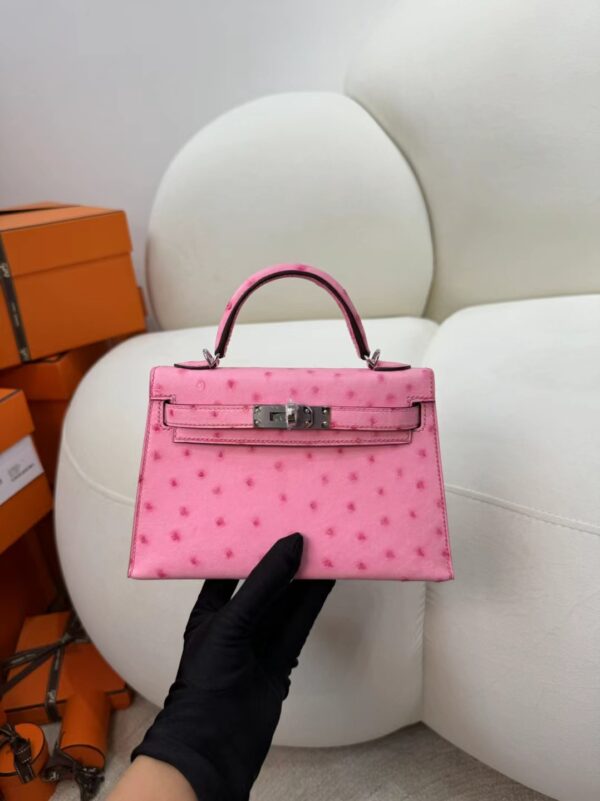Thailand Bangkok Hermes KK Ostrich Mini Kelly 19CM L4 Bubble Gum Silver Hardware