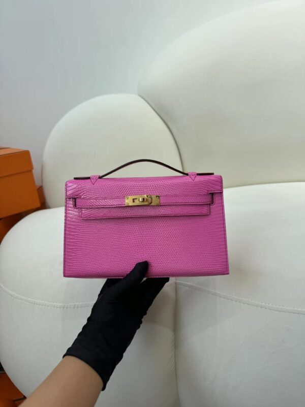 Hermes Bag Images Lizard Leather Kelly Pochette 22cm E5 Rose Tyrien Gold Hardware