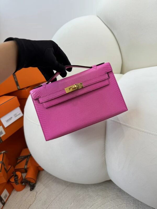 Hermes Bag Images Lizard Leather Kelly Pochette 22cm E5 Rose Tyrien Gold Hardware