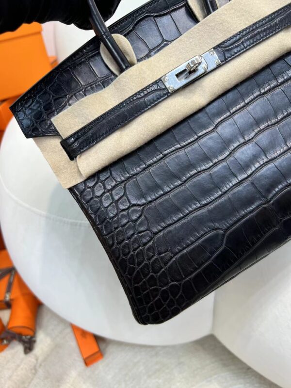 Hermes Bag Images Birkin 25CM 89 Noir Matte Alligator Crocodile Silver Hardware