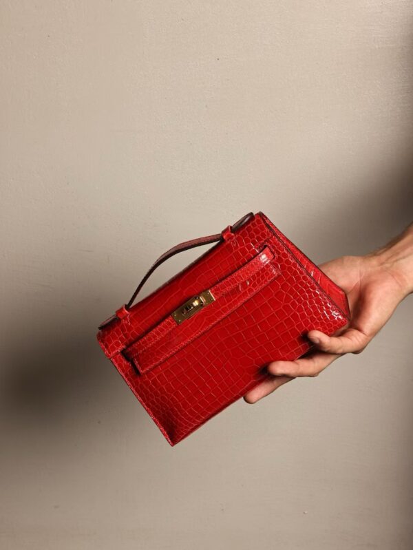 GPC Mode Kelly Pochette 22CM CC95 Braise Shiny Porosus Crocodile Gold Hardware