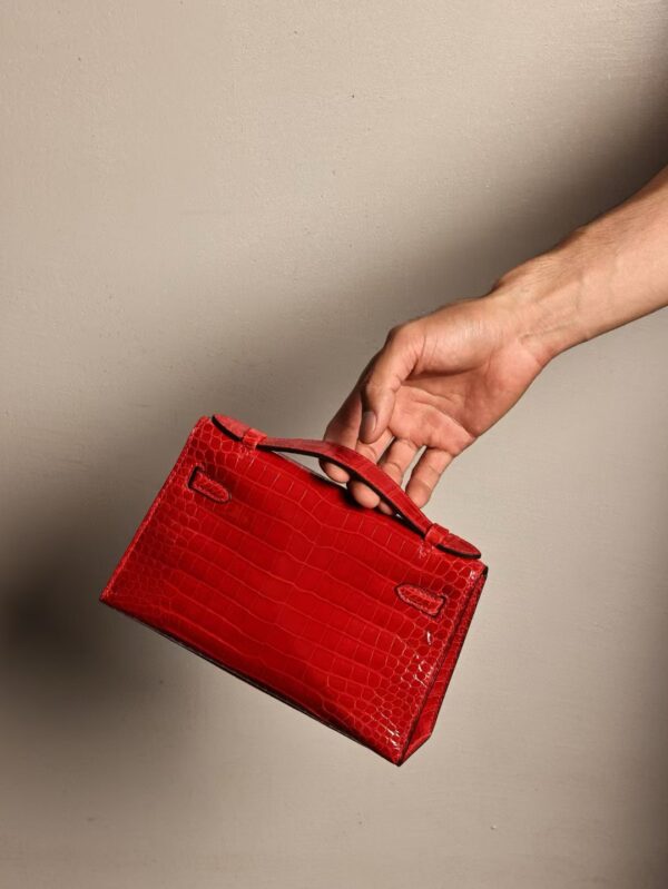 GPC Mode Kelly Pochette 22CM CC95 Braise Shiny Porosus Crocodile Gold Hardware