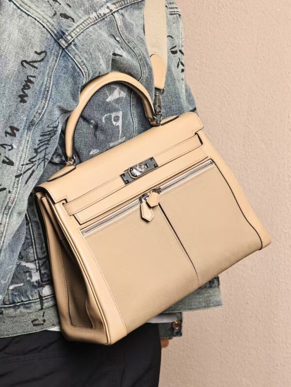 GPC Mode Hermes Bag Kelly Lakis 32CM Swift Leather / Canvas S2 Gris Trench PHW