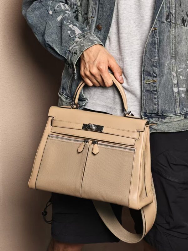 GPC Mode Hermes Bag Kelly Lakis 32CM Swift Leather / Canvas S2 Gris Trench PHW