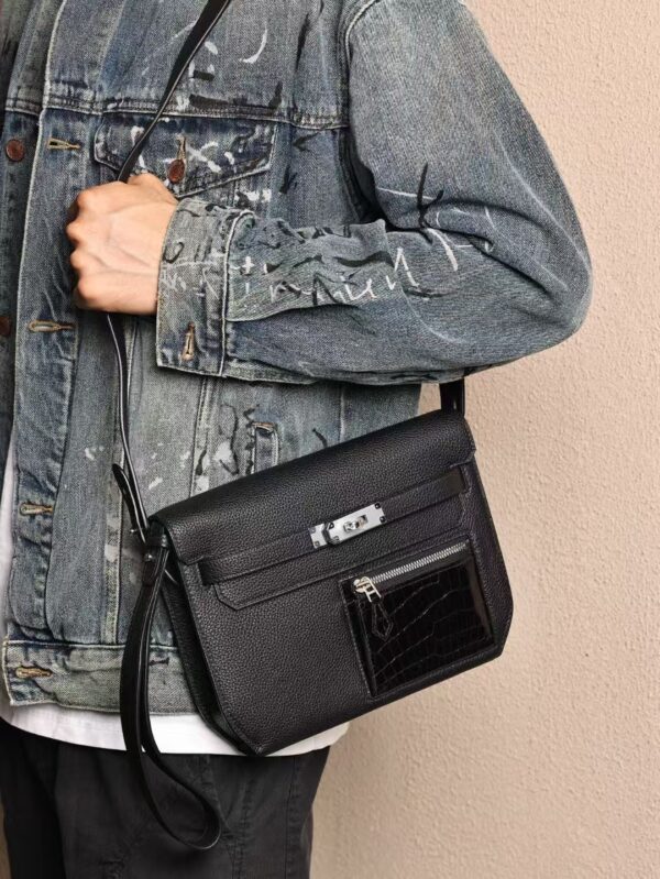 GPC Mode Men’s Shoulder Bag Kelly Depeches 25CM CK89 Noir Togo / Porosus Crocodile PHW