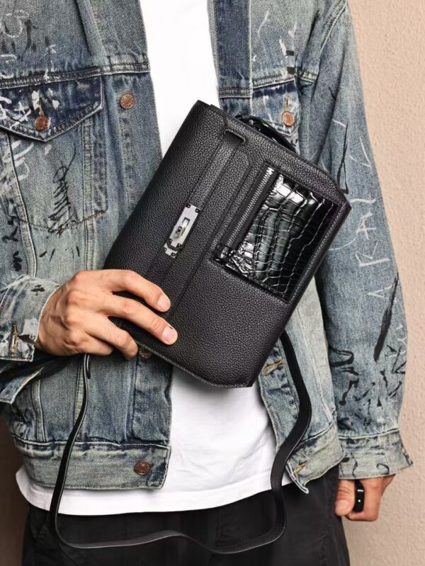 GPC Mode Men’s Shoulder Bag Kelly Depeches 25CM CK89 Noir Togo / Porosus Crocodile PHW