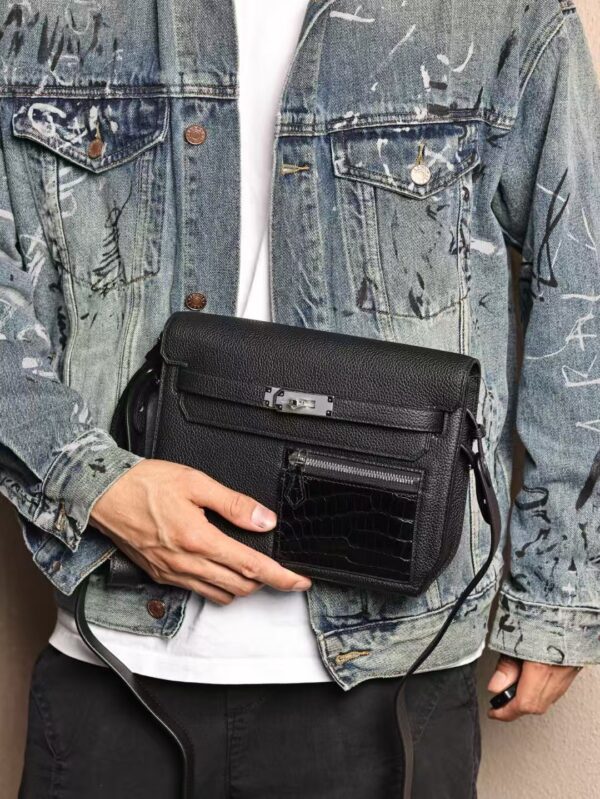 GPC Mode Men’s Shoulder Bag Kelly Depeches 25CM CK89 Noir Togo / Porosus Crocodile PHW