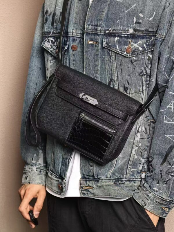 GPC Mode Men’s Shoulder Bag Kelly Depeches 25CM CK89 Noir Togo / Porosus Crocodile PHW