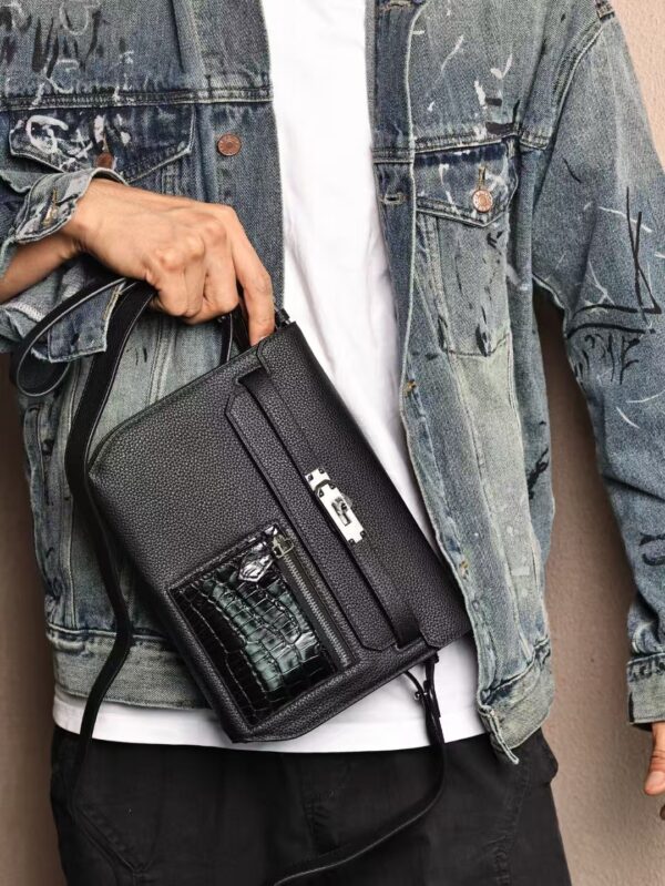 GPC Mode Men’s Shoulder Bag Kelly Depeches 25CM CK89 Noir Togo / Porosus Crocodile PHW