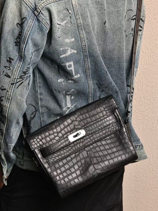 GPC Mode Men’s Shoulder Bag Matte Porosus Crocodile Kelly Messenger 27CM CK89 Black SHW