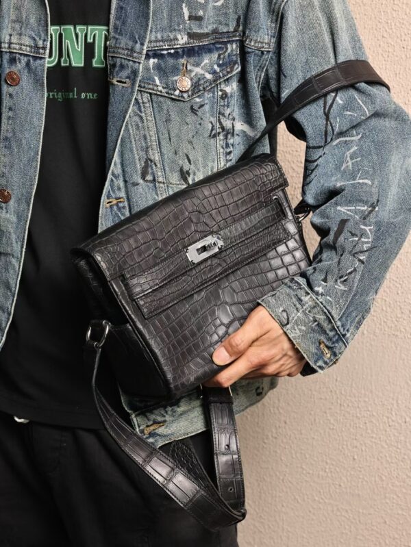 GPC Mode Men’s Shoulder Bag Matte Porosus Crocodile Kelly Messenger 27CM CK89 Black SHW