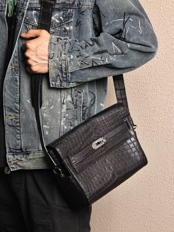 GPC Mode Men’s Shoulder Bag Matte Porosus Crocodile Kelly Messenger 27CM CK89 Black SHW