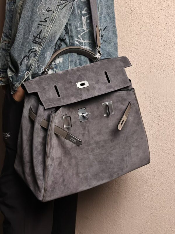 GPC Mode Tote Bag Kelly Maxi 42CM Gris Meyer Suede / Etain Swift Leather SHW