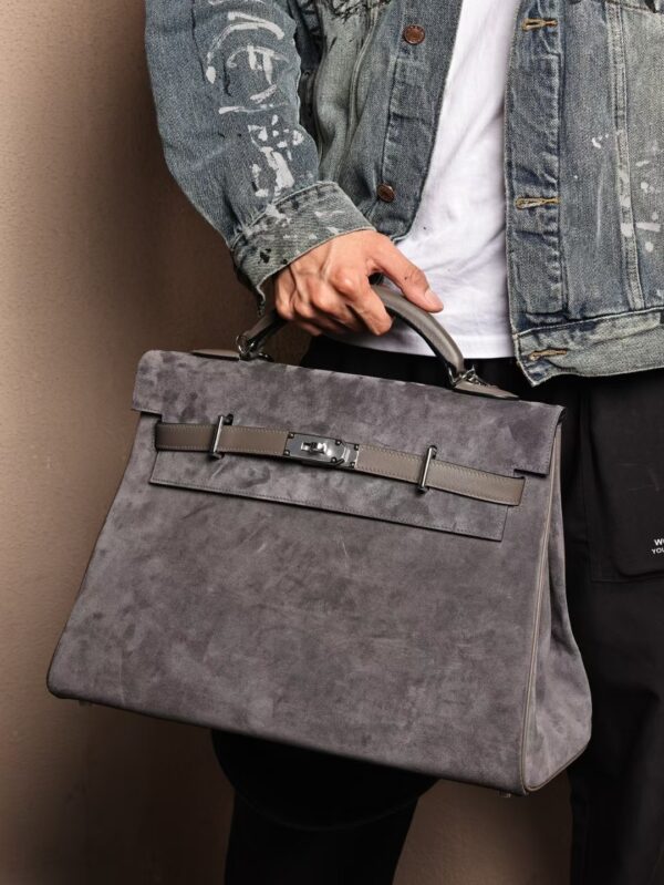 GPC Mode Tote Bag Kelly Maxi 42CM Gris Meyer Suede / Etain Swift Leather SHW