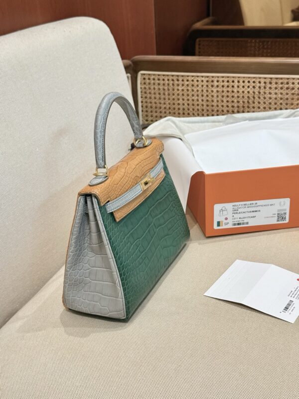 GPC Mode Luxury Women’s Bag Kelly 25CM Matte Crocodile Leather Gris Pearl / Cactus / Mimosa GHW
