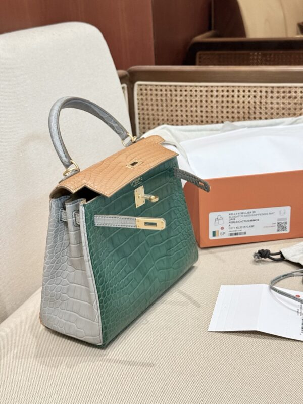GPC Mode Luxury Women’s Bag Kelly 25CM Matte Crocodile Leather Gris Pearl / Cactus / Mimosa GHW