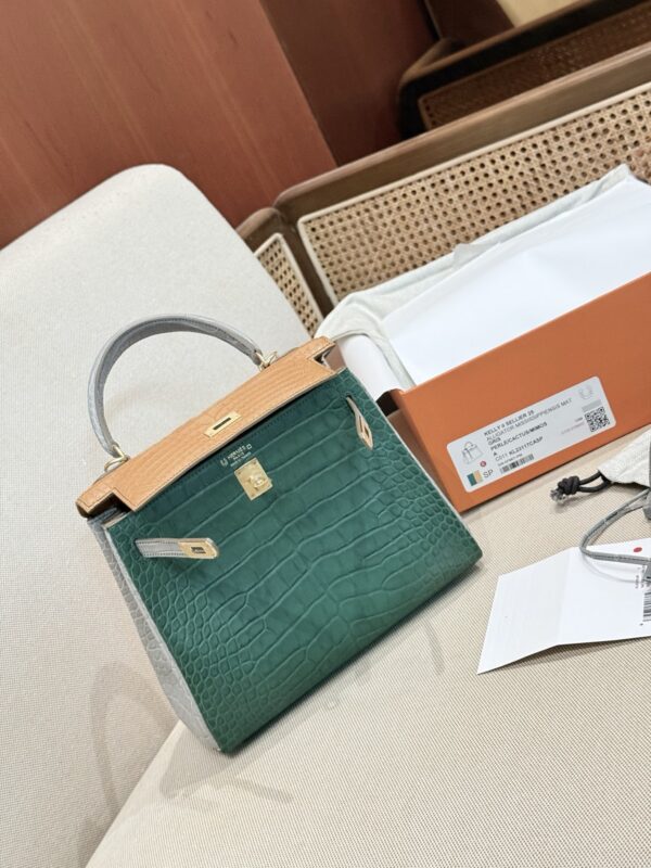 GPC Mode Luxury Women’s Bag Kelly 25CM Matte Crocodile Leather Gris Pearl / Cactus / Mimosa GHW