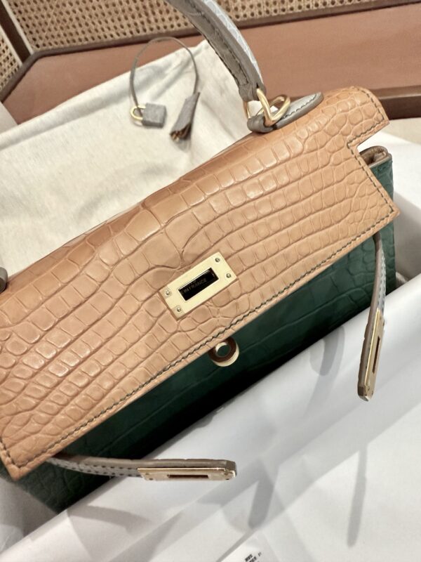 GPC Mode Luxury Women’s Bag Kelly 25CM Matte Crocodile Leather Gris Pearl / Cactus / Mimosa GHW