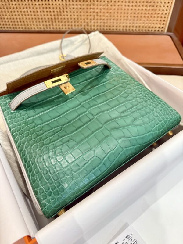 GPC Mode Luxury Women’s Bag Kelly 25CM Matte Crocodile Leather Gris Pearl / Cactus / Mimosa GHW
