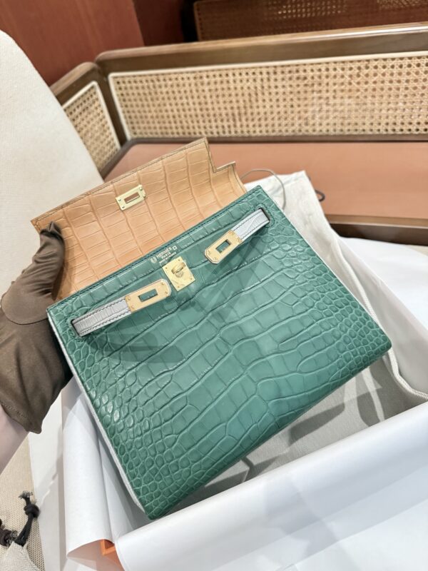 GPC Mode Luxury Women’s Bag Kelly 25CM Matte Crocodile Leather Gris Pearl / Cactus / Mimosa GHW