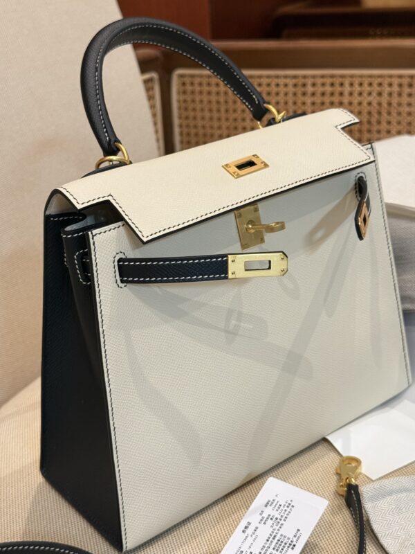 GPC Mode Kelly Sellier 25CM 10 Craie / 89 Black Frosted Epsom Leather Luxury Women’s Bag GHW